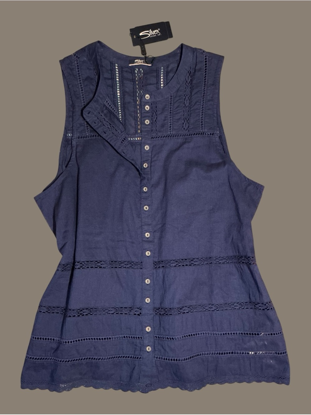 Silver Jeans Navy Sleeveless Button-Front Lace Inset Top